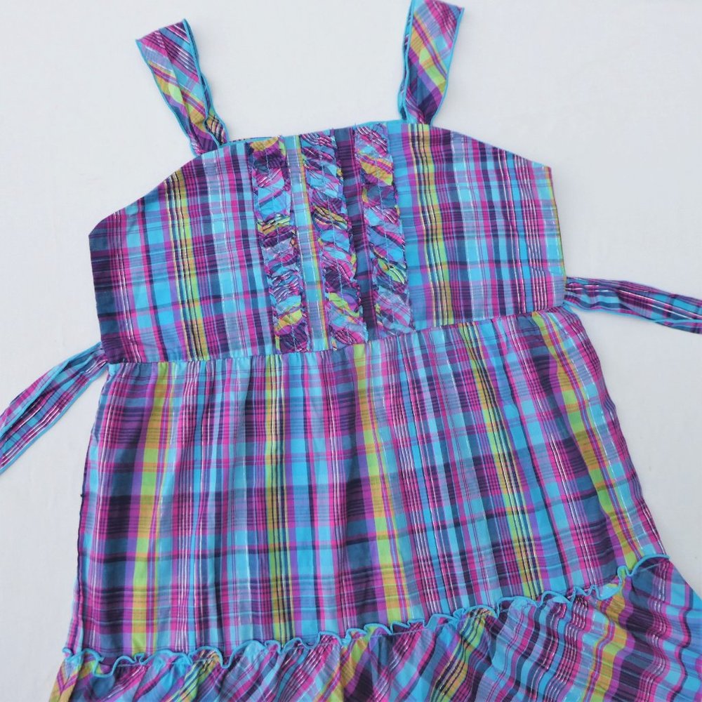 Vintage Girls Dress Plaid Ruffle Lurex Button Back Attached Tie Belt Fit Flare - Picture 5 of 10